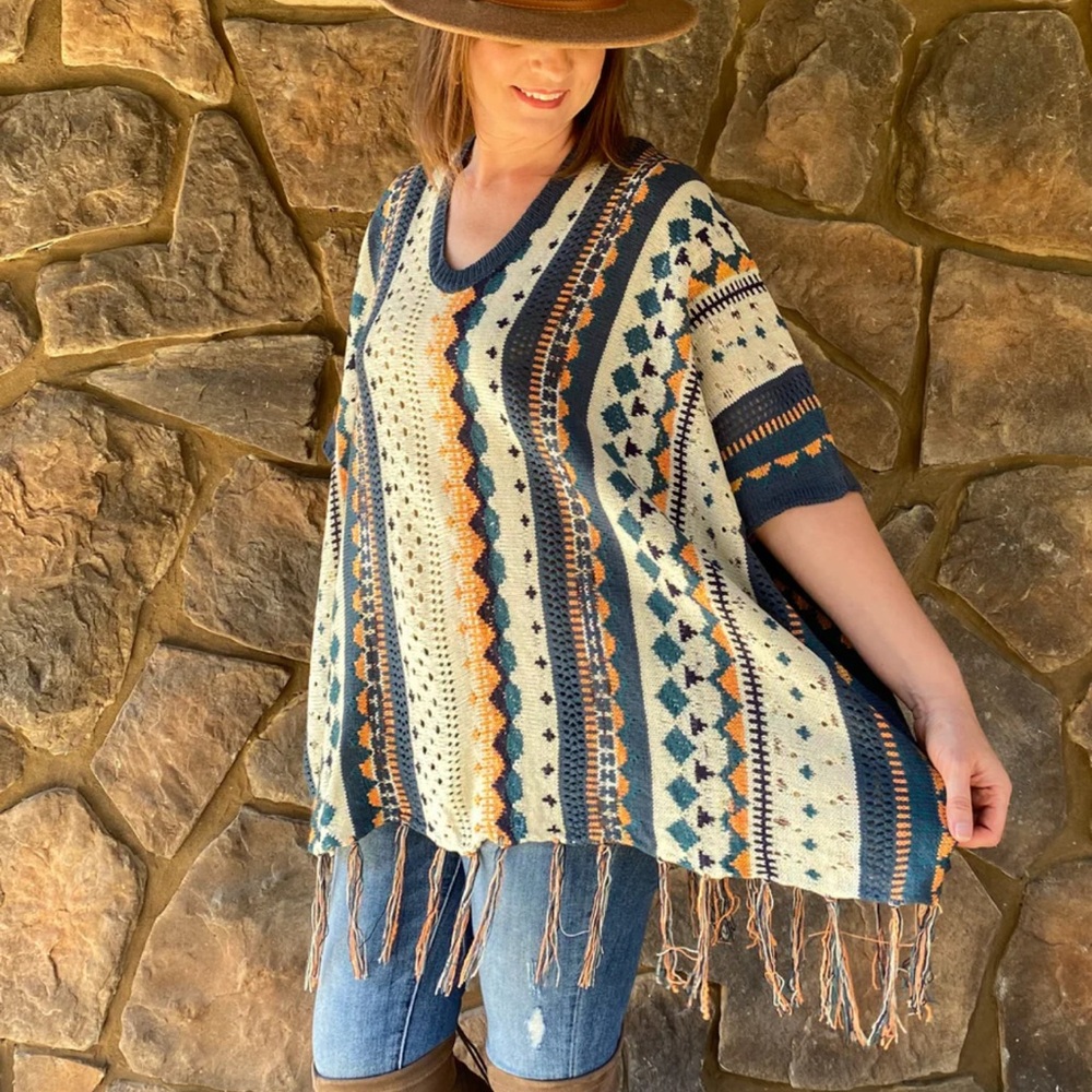 Tuscan Sun poncho women’s shawl multicolored‎ crochet casual top sweater tunic